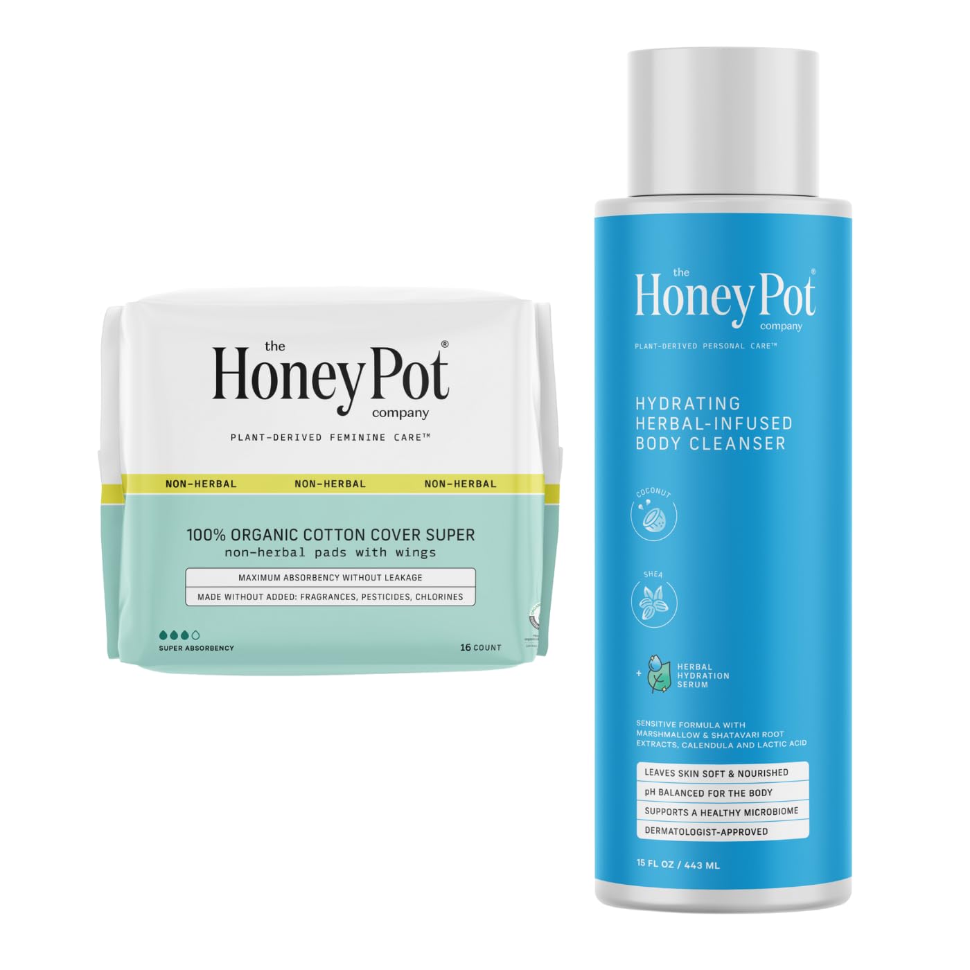 The Honey Pot Company - Non-Herbal Super Pads & Coconut Shea Body Cleanser Bundle - Sanitary Pads For Women - Hydrating Body Wash To Moisturize & Cleanse Skin - Feminine Care - Fsa & Hsa Eligible