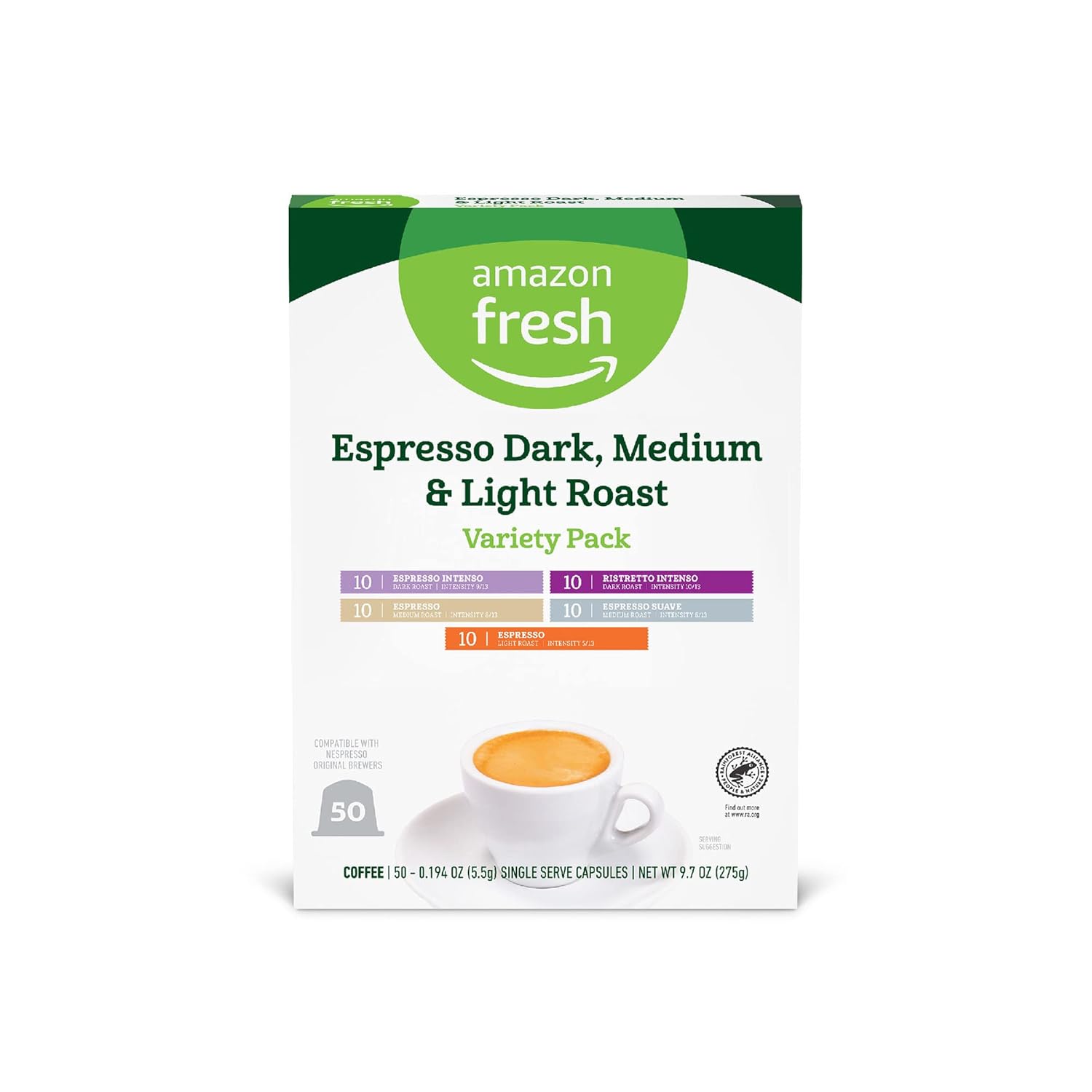 Amazon Fresh Espresso Dark, Medium & Light Roast Aluminum Capsules, Variety Pack, Compatible With Nespresso Original Brewers, 50 Count (5 Packs Of 10)