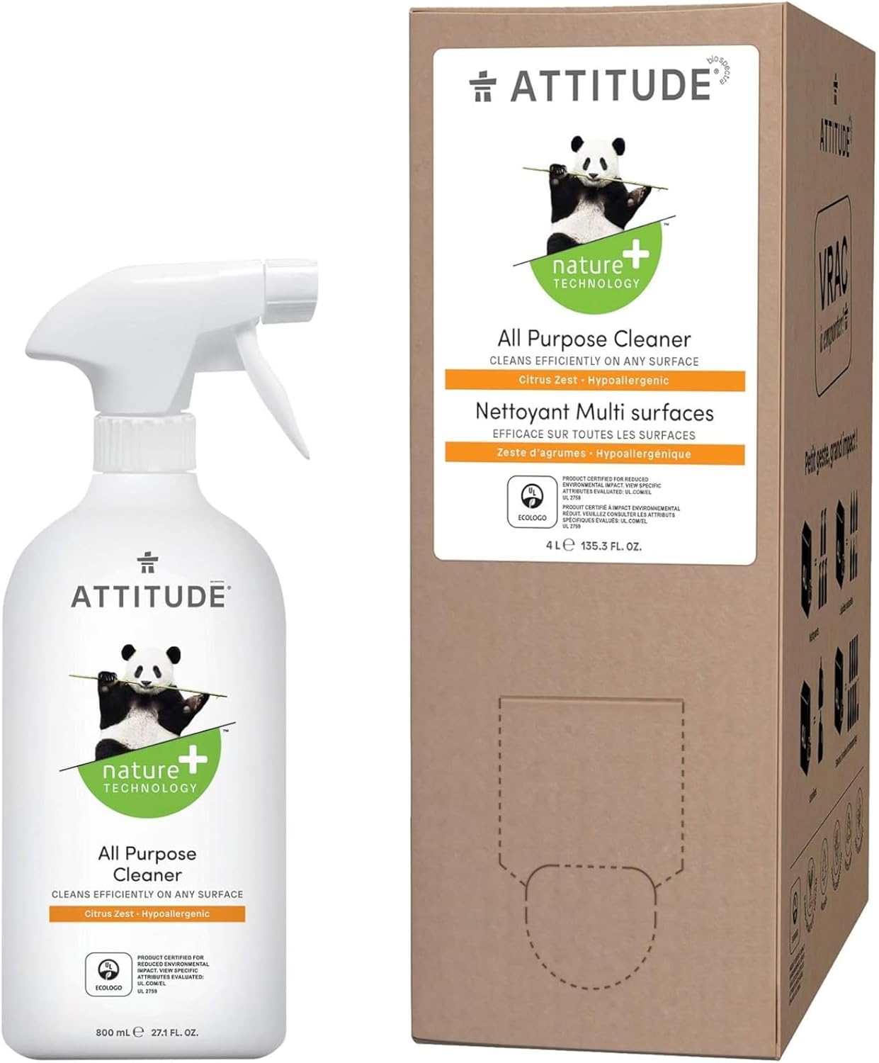 Bundle Of Attitude Multipurpose Spray Cleaner, Efficient Multi-Surface Plant & Mineral-Based Formula, Vegan And Cruelty-Free, Citrus Zest, 27.1 Fl Oz + Bulk Refill Format, 135.26 Fl Oz