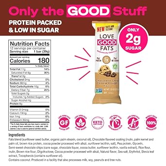 Love Good Fats Keto Bars, Truffle Chocolate Chip Cookie Dough - Plant-Based Protein Snack, Low Carb, Low Sugar, Gluten Free, Non GMO, 12 Pack