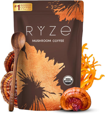 Ryze Mushroom Coffee | 6 Adaptogenic Mushrooms | Usda Organic | Instant Coffee | Mct Oil | Usa Grown | Better Energy, Focus, Digestion, Immunity | Cordyceps, Lion’S Mane, Turkey Tail | 30 Servings