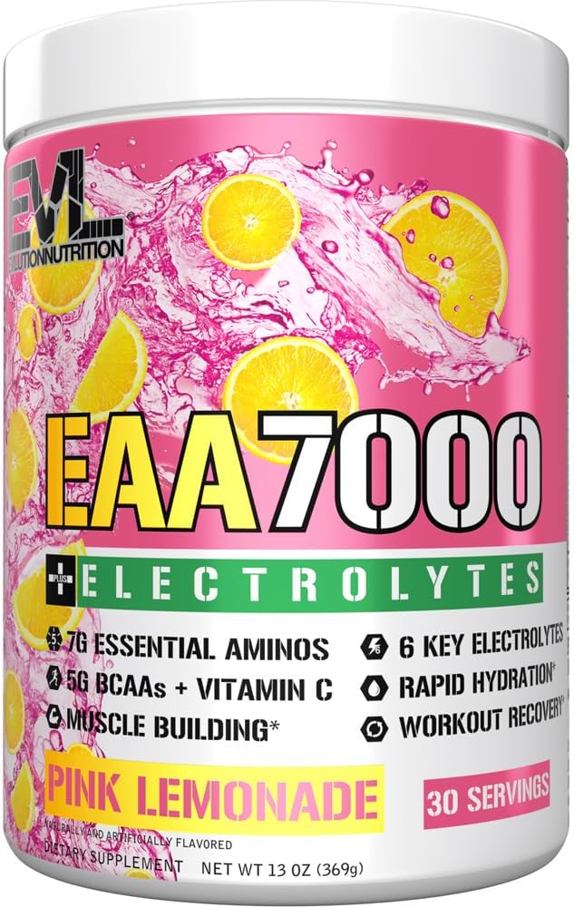 Evlution Nutrition Eaa7000 + Electrolytes - Pre & Post Workout Powder - Muscle Building + Recovery Supplement - 7G Eaas + 5G Bcaas + 6 Key Electrolytes - Rapid Hydration - 30 Servings - Pink Lemonade