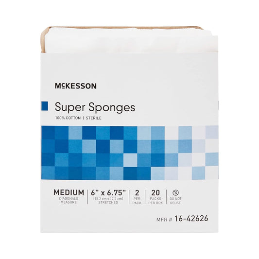 Mckesson Super Sponges, Sterile, 100% Cotton, Fluff Dressing, 6 In X 6 3/4 In, 2 Per Pack, 20 Packs, 40 Total