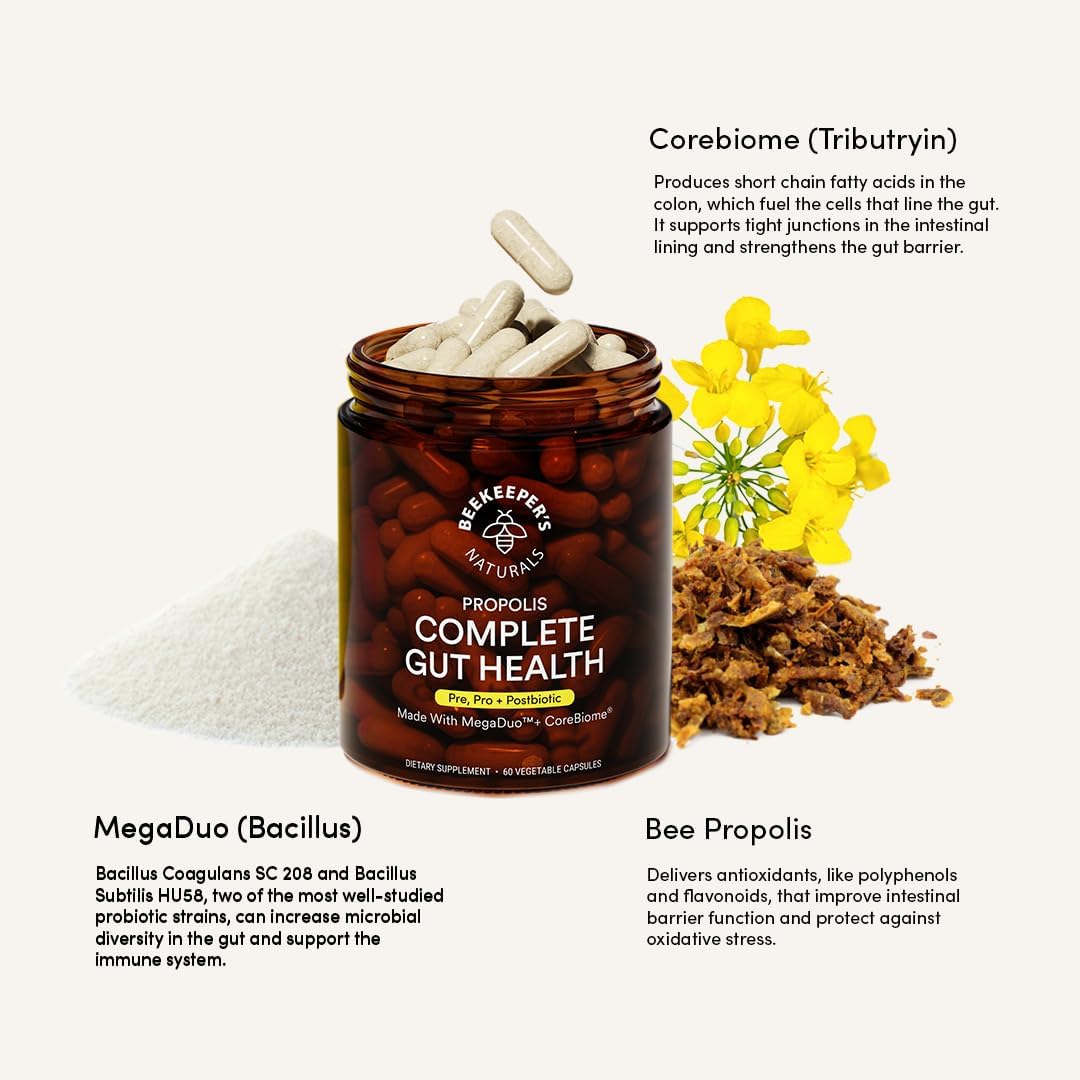 Beekeeper'S Naturals Complete Gut Health, 3-In-1 Prebiotic, Postbiotic, Probiotics For Digestive Health & Bloating Relief For Women & Men, Propolis Powered, Gluten-Free Vegan Capsules, 60Ct : Health & Household