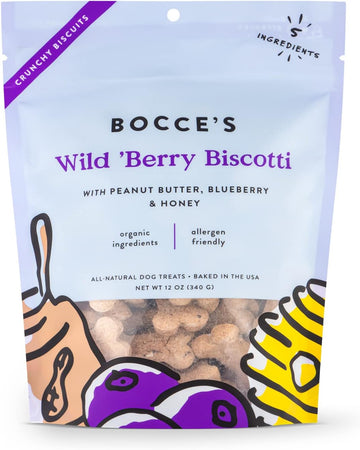 Bocce'S Bakery All-Natural, Small Batch, Organic Dog Treats, Wild 'Berry Biscotti Biscuits, Wheat-Free, Limited-Ingredient, Made In The Usa With 100% Recyclable Packaging, 12 Oz Bag (Dg-Bc-Wbb)