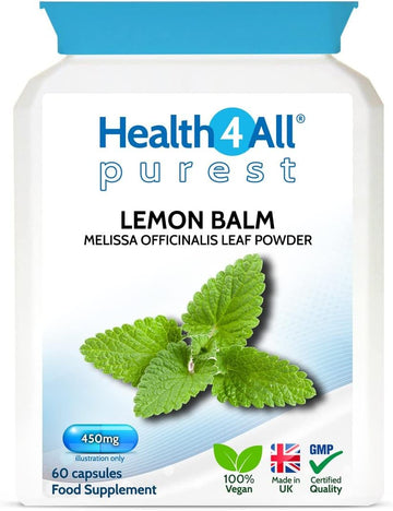 Health4All Lemon Balm 450Mg 60 Capsules, Melissa For Anxiety & Stress During The Day, Purest Supplement, Additives Free | Vegan Capsules (Not Tablets) Made In Uk