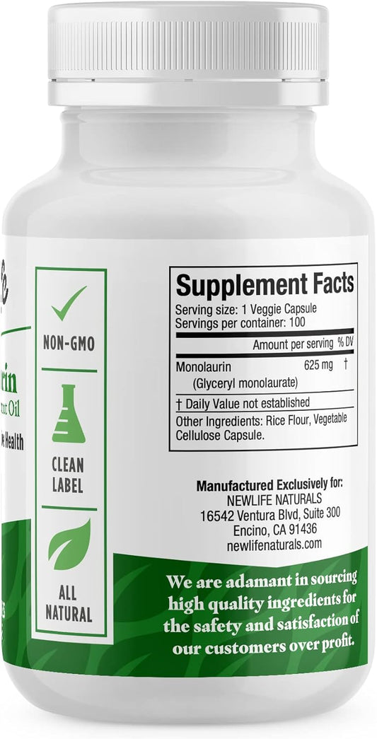 Newlife Naturals Monolaraurin Dietary Supplement - 625Mg Monolaurin Lauric Acid For Immune System And Digestive Health - 100 Vegetable Capsules