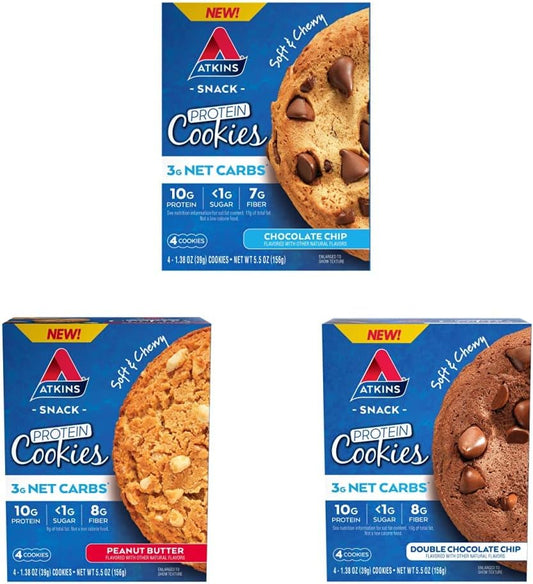 Atkins Protein Cookies Variety Bundle, 3 Flavors, Chocolate Chip, Peanut Butter, Double Chocolate Chip (12 Count)