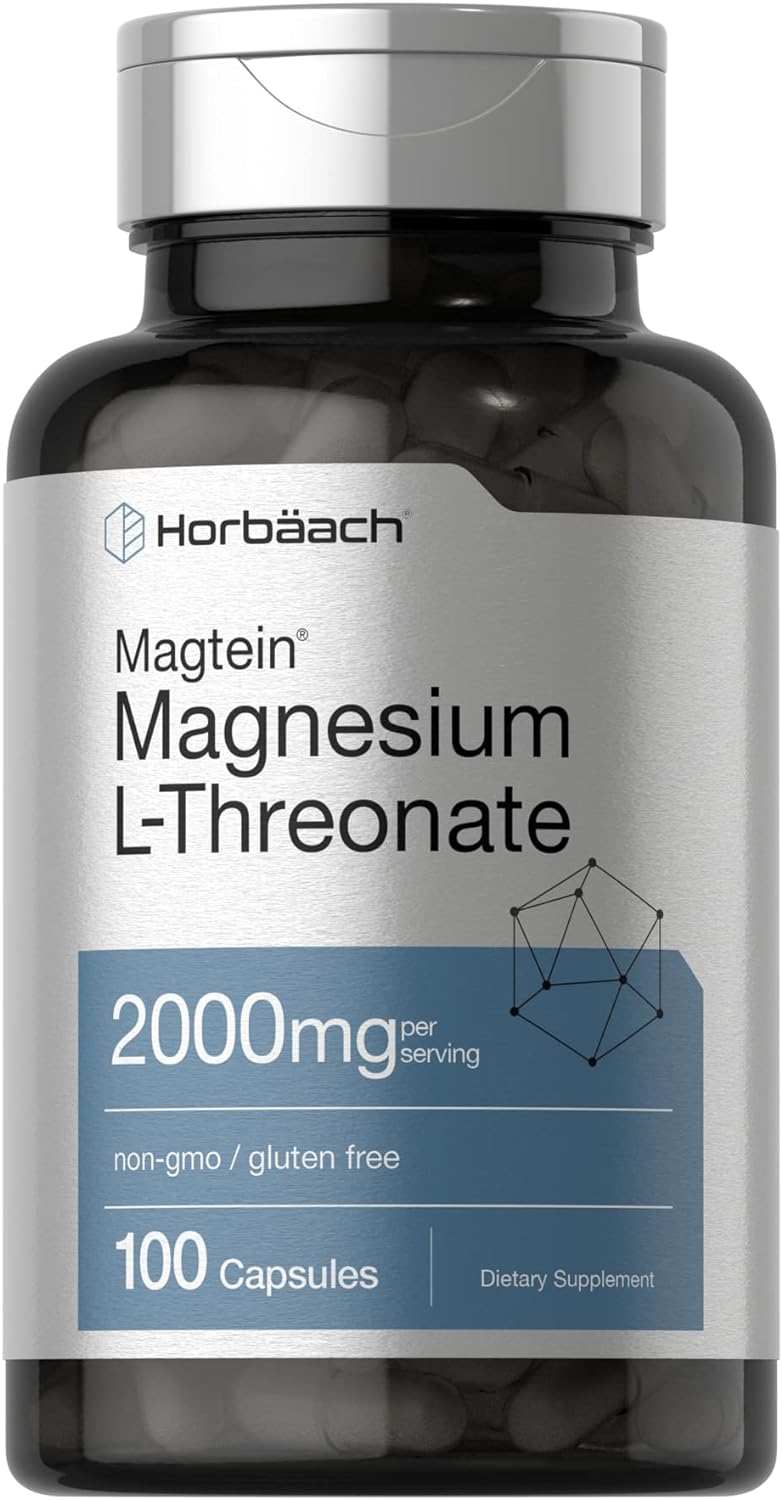 Horbäach Magtein Magnesium L-Threonate | 2000mg Supplement | 100 Capsules | for Men & Women | Non-GMO and Gluten Free