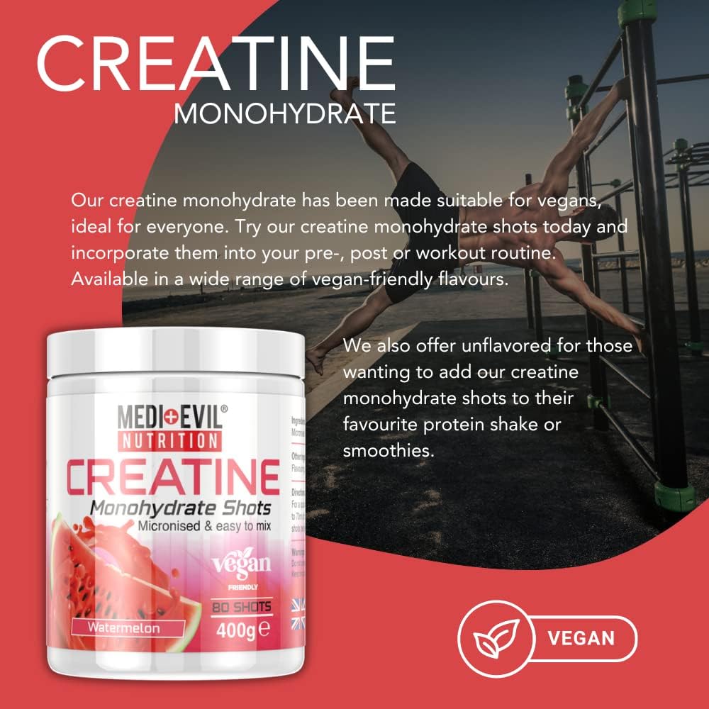 Medi-Evil Nutrition Creatine Monohydrate Shots Powder Vegan Friendly, Watermelon Flavour, 400g, 80 Servings, Micronised for Easy Mixing (Pack of 1 Tub) : Amazon.co.uk: Health & Personal Care