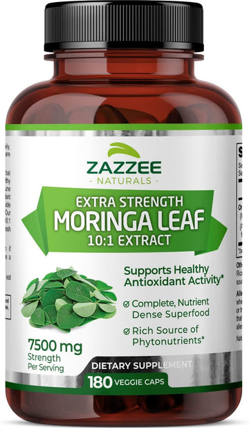 Zazzee Organic Moringa Oleifera Leaf 7500 Mg Strength, 180 Vegan Capsules, 10:1 Extract, 100% Pure Superfood, Concentrated And Standardized 10X Leaf Extract, Vegetarian, All-Natural And Non-Gmo