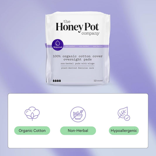 The Honey Pot Company - Non-Herbal Overnight Pads with Wings - Organic Pads for Women - Cotton Cover, and Ultra-Absorbent Pulp Core. 12 ct