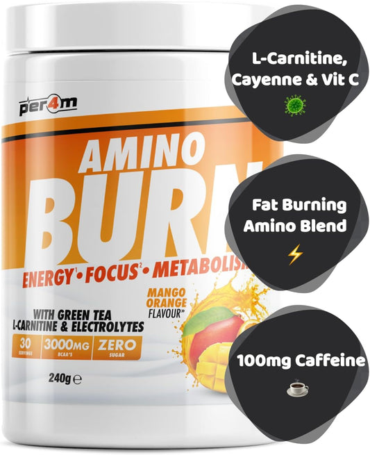 Per4M Amino Burn Powder | L-Carnitine, Cayenne, Green Tea, Pine Bark Extract & Caffeine | Increases Allertness & Attention | Suitable For Vegans | Sugar Free (Lemon Lime Popsicle, 240G)
