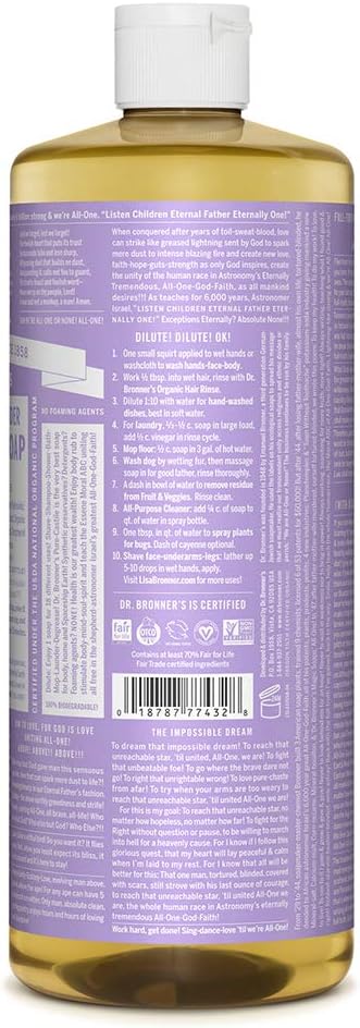 Dr. Bronner's - Pure-Castile Liquid Soap (Lavender, 32 Fl Oz) - Made with Organic Oils, 18-in-1 Uses: Face, Body, Hair, Laundry, Pets and Dishes, Concentrated, Vegan, Non-GMO
