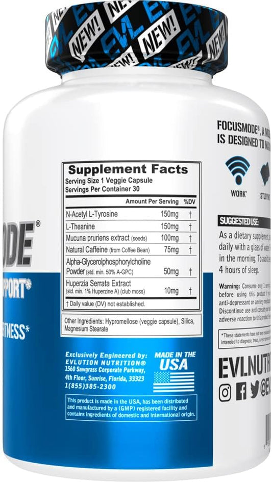 Evlution Mental Energy and Focus Supplement for Adults - Nootropics Brain Support Supplement with Caffeine L Theanine Alpha GPC and Huperzine A Nutrition Focus Pills for Sustained Peak Performance
