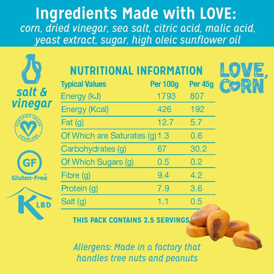Love Corn Salt & Vinegar Crunchy Corn Snack 115G X 6 Bags – Healthy Snacks Ideal For Gluten Free & Vegan Diets – Low Sugar Alternative For Crisps, Mixed Nuts & Pretzels – Perfect To Graze On