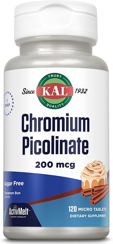 KAL Chromium Picolinate 200mcg Supplement, Healthy Metabolism Support, Fast Dissolving ActivMelts for Enhanced Absorption, Vegetarian, Sugar Free, Cinnamon Bun avor, 120 Servings, 120 Micro Tablets