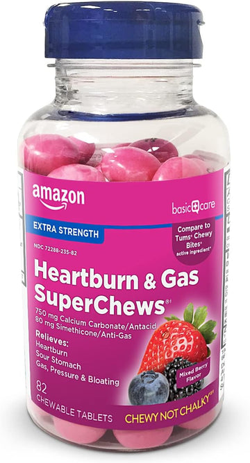 Amazon Basic Care Heartburn & Gas Superchews Chewable Tablets, Mixed Berry, 82 Count (Previously Soundhealth)