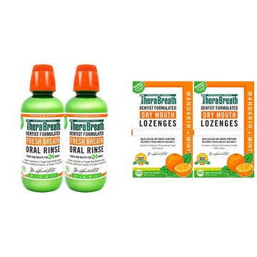 TheraBreath Fresh Breath Oral Rinse, Mild Mint, 16 Ounce Bottle (Pack of 2) and Dry Mouth Lozenges with Zinc, Mandarin Mint, 100 Lozenges (Pack of 2)