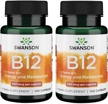 Swanson Vitamin B-12 (Cyanocobalamin) Energy Cardivascular Health Support 500 Mcg 100 Capsules (2 Pack)