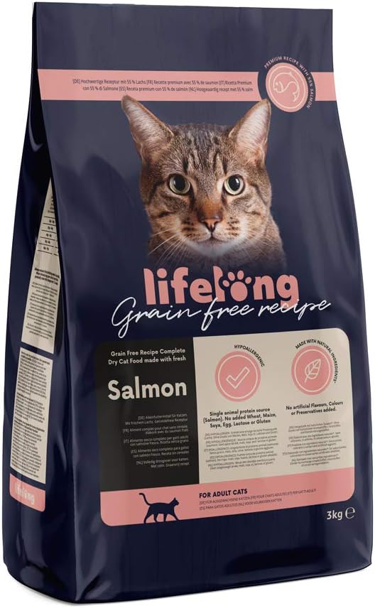 Amazon Brand - Lifelong - Dry Cat Food for Adult Cats, Grainfree Recipe with Fresh Salmon, 1 Pack of 3kg?ESP50062005