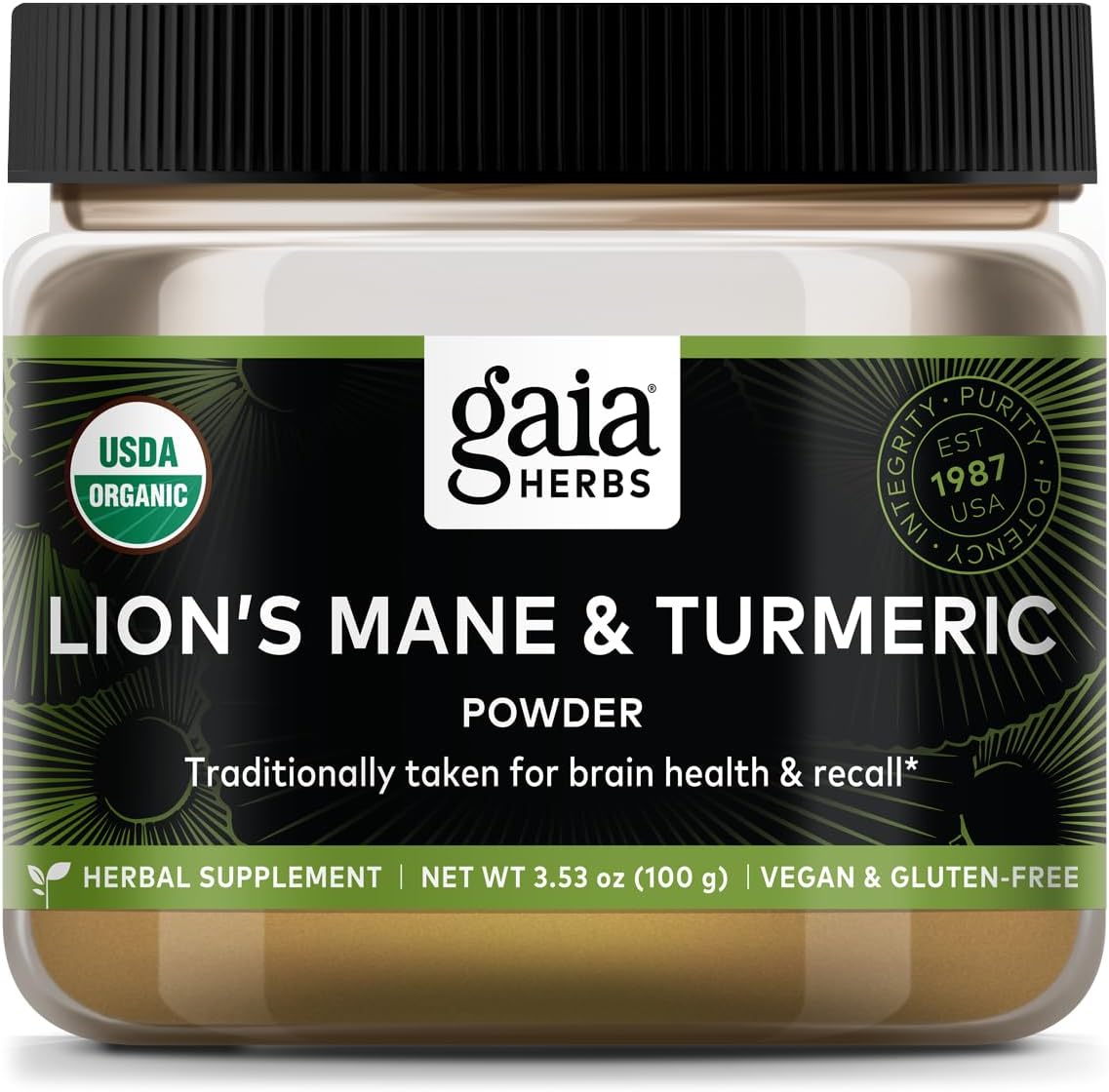 Gaia Herbs Lion'S Mane & Turmeric Powder - Herbal Mushroom Supplement Powder To Help Maintain Brain Health And Recall - Usda Certified Organic-3.53 Oz (Up To 45-Day Supply)