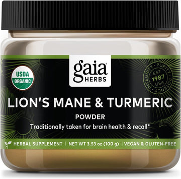 Gaia Herbs Lion'S Mane & Turmeric Powder - Herbal Mushroom Supplement Powder To Help Maintain Brain Health And Recall - Usda Certified Organic-3.53 Oz (Up To 45-Day Supply)