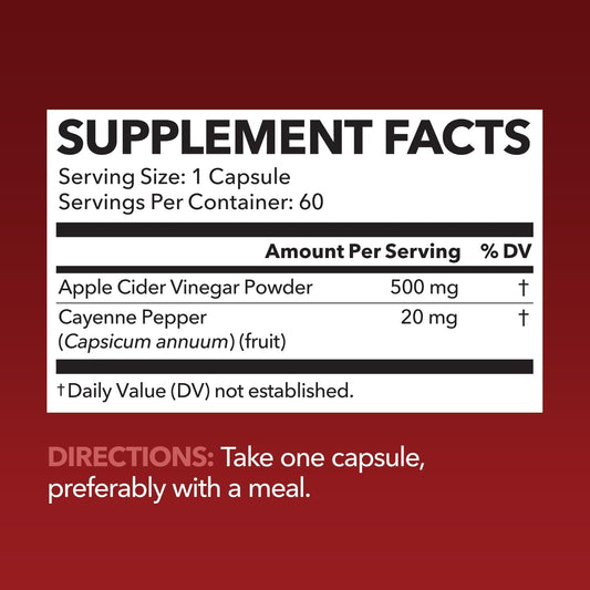 Apple Cider Vinegar Capsules With Cayenne Pepper For Digestive Health Support - 500Mg Acv And 20Mg Capsicum Annuum - Easy-To-Take, Unflavored Pills - 60 Count - Vegan, Non-Gmo - 2 Month Supply