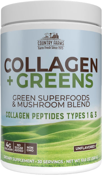 Country Farms Collagen Peptides Powder With Greens Dietary Powder Supplement (Type I, Iii) For Skin Hair Nail And Joints, Dairy/Gluten/Sugar Free, Energizing Superfoods, Natural, 10.6 Oz 30 Servings