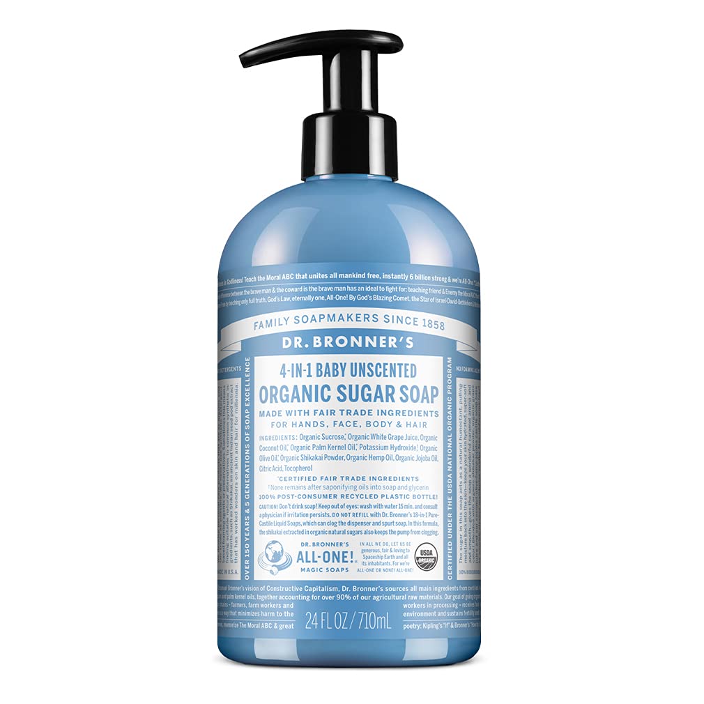 Dr. Bronner's Organic Baby Unscented Sugar Soap, 24 Ounce - 4-in-1 Use: Hands, Body, Face and Hair, Moisturizes and Nourishes, No Added Fragrance