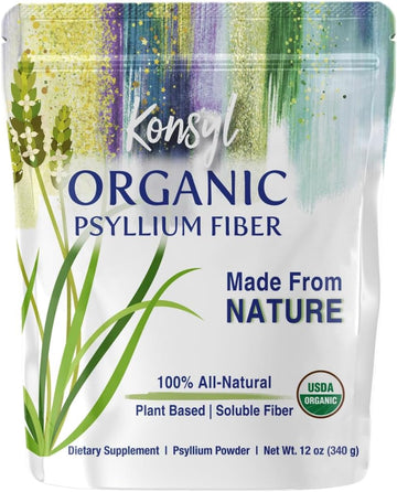 Konsyl Organic Psyllium Fiber - USDA Certified Psyllium Husk Daily Fiber Powder - All Natural Soluble Fiber, Gluten-Free & Sugar-Free - 340g Gusset Bag