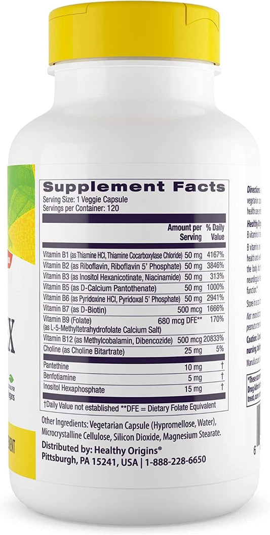 Healthy Origins B-Complex - Coenzymated B - Supports Brain Health - Vitamin B Complex for Men & Women - Gluten-Free Supplement - 120 Veggie Capsules