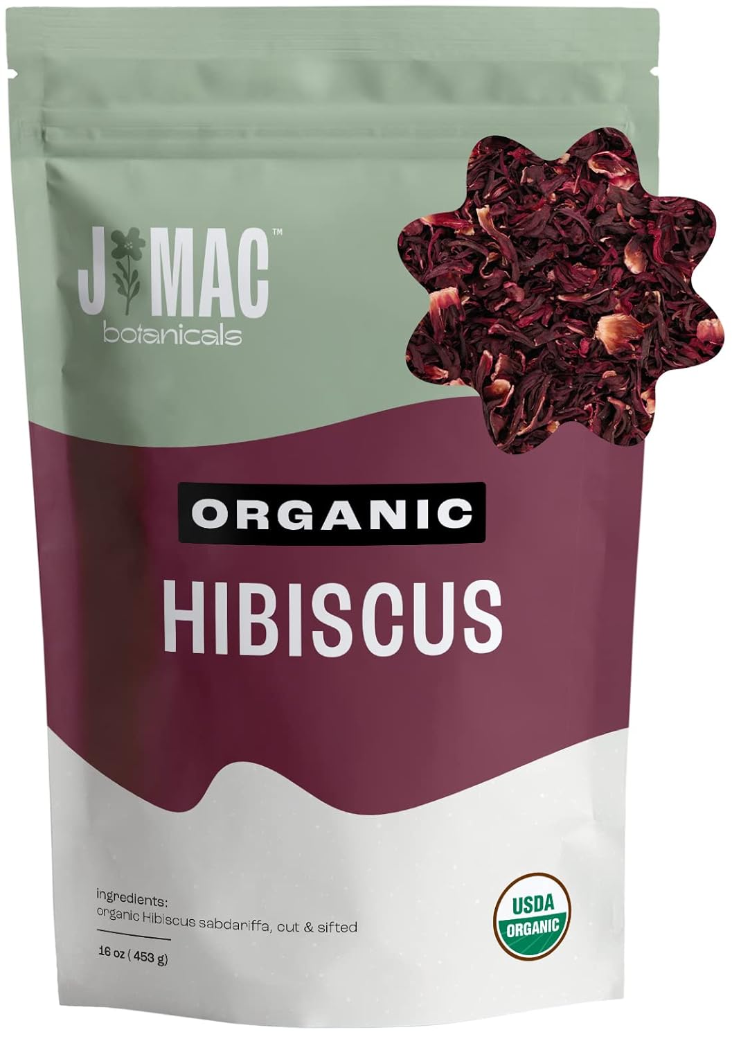 J Mac Botanicals, Certified Organic Hibiscus Flower (1 Pound), Hibiscus tea, cut & sifted hibiscus flowers, Flor de Jamaica