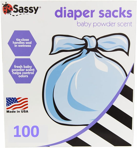 Sassy 100 Count Disposable Diaper Sacks, Powder Scented, 4-25 Sacks Per Roll, Easy-To-Tie, Diaper Disposal Or Pet Waste Bags
