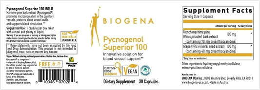 Biogena Pycnogenol 100 Mg Gold With Premium Patented French Maritime Pine Bark Extract (Pinus Pinaster) To Support Blood Circulation