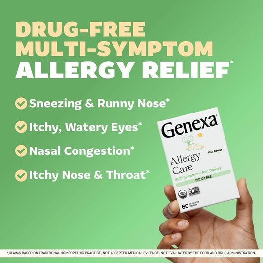 Genexa Allergy Care | Drug Free, Non-Drowsy Allergy & Decongestant Remedy For Adults | Vegan & Non-Gmo | Homeopathic Allergy Relief Made Clean | Organic Acai Berry Flavor | 60 Chewable Tablets