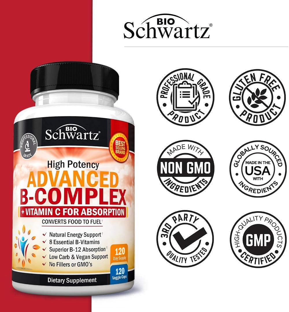 Vitamin B Complex with Vitamin C for Maximum Absorption - Methylcobalamin b12 & Folate Folic Acid Supplement - Vitamins B1 B2 B3 B5 B6 B7 B9 for Immune Energy & Nervous System Support - Non-GMO 120ct : Health & Household