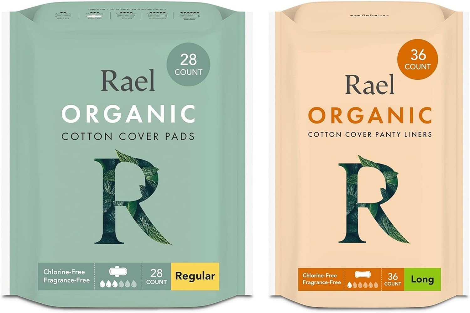 Rael Period Bundle - Organic Cotton Cover Liner (Long, 36 Count) & Regular Pads (28 Count)