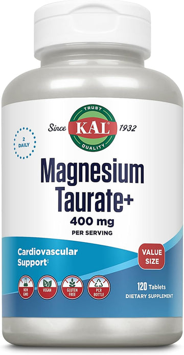 Kal Magnesium Taurate 400Mg Plus Vitamin B6, Chelated Magnesium Supplement, High Absorption Magnesium Complex, Muscle And Heart Health Support, Vegan, Gluten Free, 60-Day Guarantee, 60 Serv, 120 Tabs