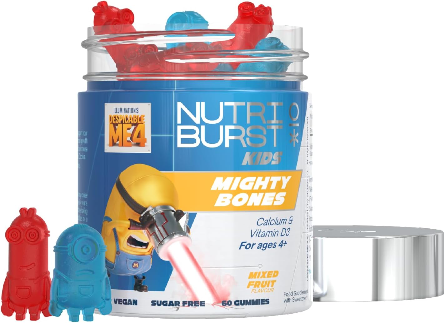 Nutriburst Minions Mighty Bones Vitamins For Kids - Chewable Vitamin D3 + Calcium Gummies For Healthy Bone Development - Vegan + Sugar Free - Fruity Flavour - 60 Gummies