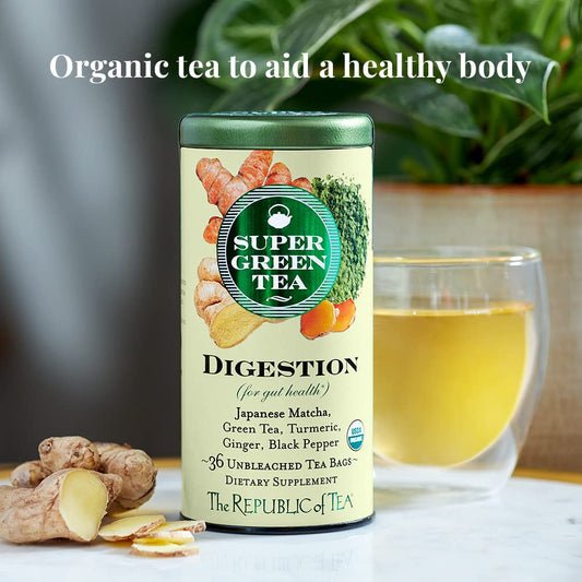 The Republic Of Tea - Organic Digestion Supergreen Tea Tin, 36 Tea Bags, Naturally Caffeinated Japanese Matcha And Green Tea