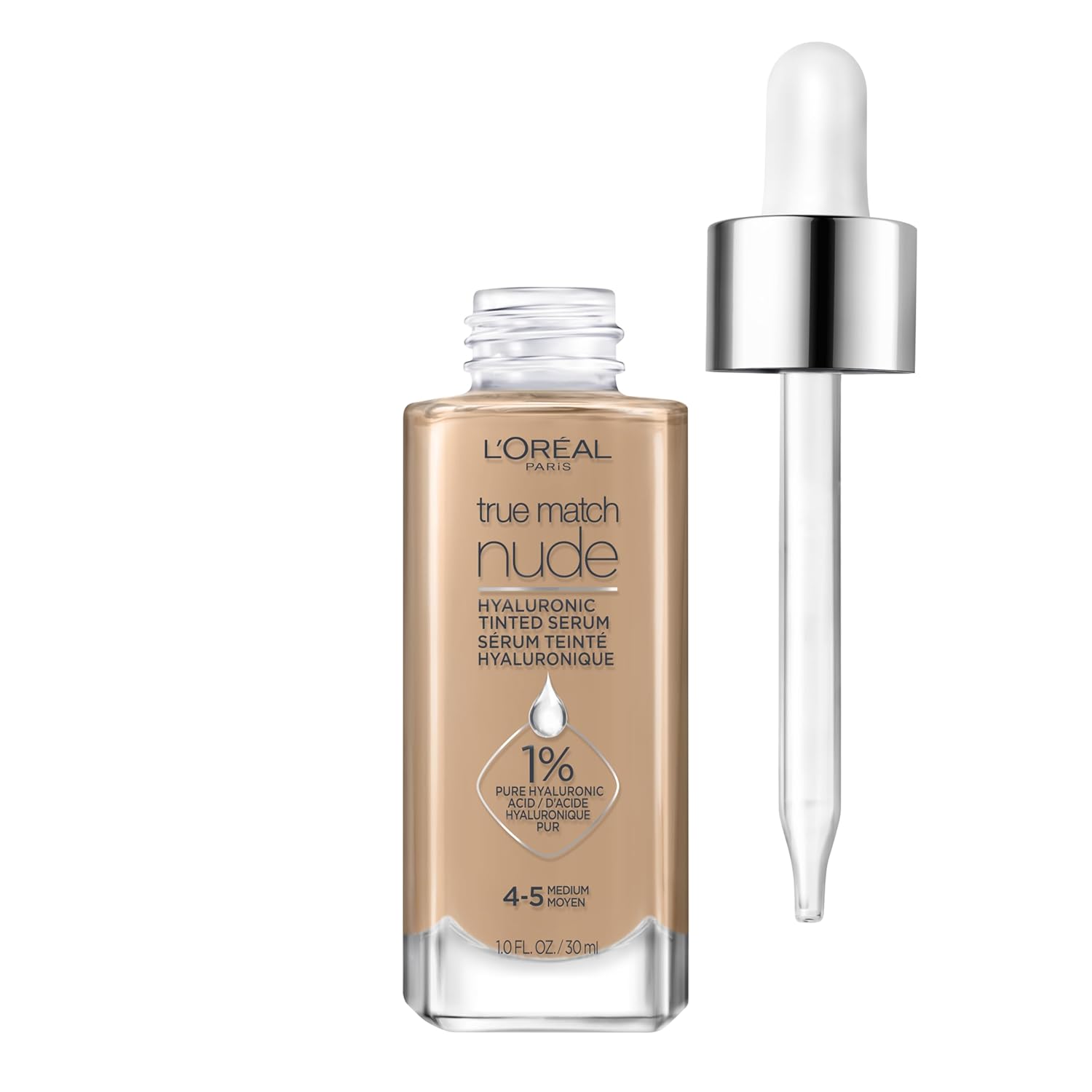 L'Oreal Paris True Match Nude Hyaluronic Tinted Serum Foundation With 1% Hyaluronic Acid, Medium 4-5, 1 Fl. Oz