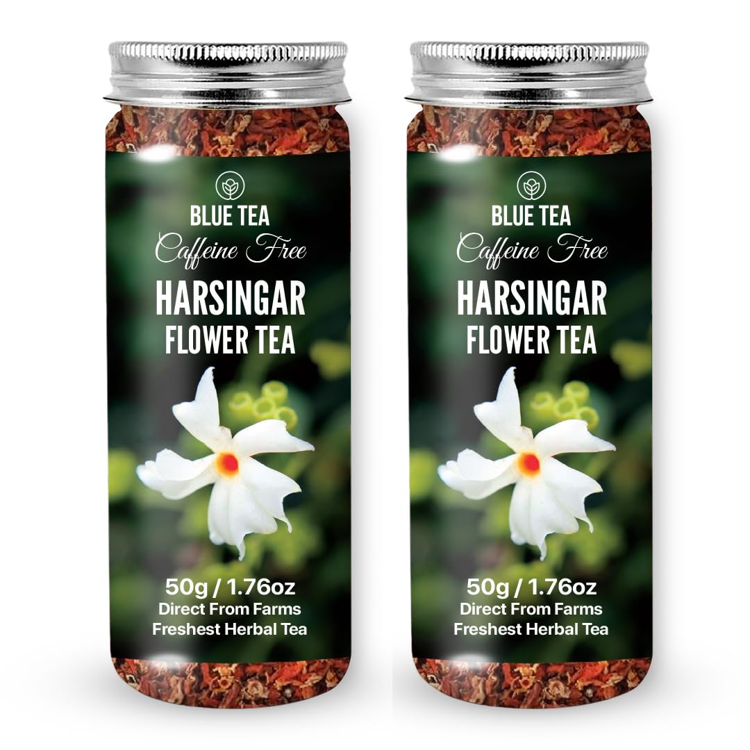 Blue Tea - Harshingar Flower Tea Loose Leaf - 3.52 Oz (Pack Of 2) | Flower Based | Herbal Tea - Caffeine Free - Non-Bitter - 100% Natural - No Preservatives - Non-Gmo | Pet Jar Packaging