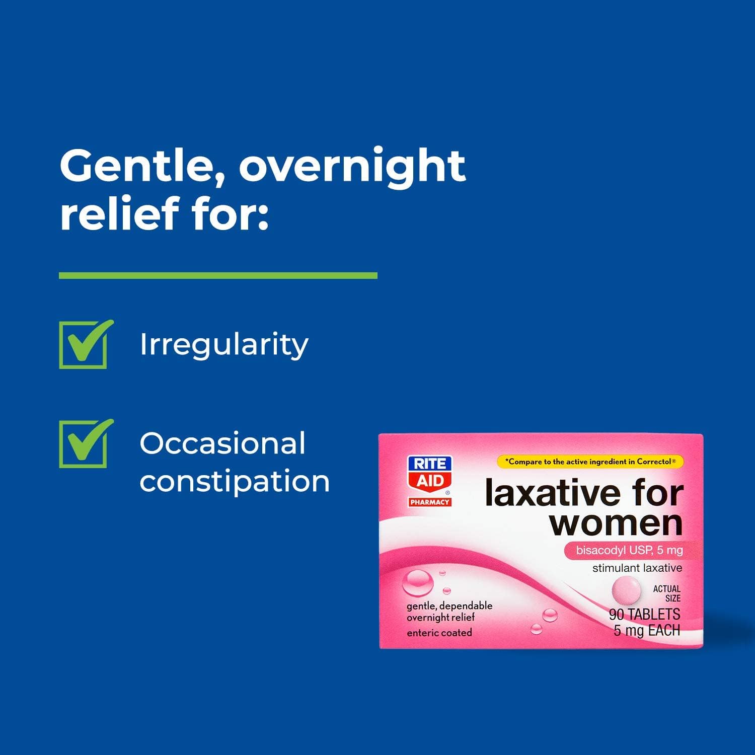 Rite Aid Stimulant Laxative Tablets, Bisacodyl USP, 5 mg - 90 Count | Constipation Relief | Coated for Easy Swallowing | Women Health | Stool Softener : Health & Household