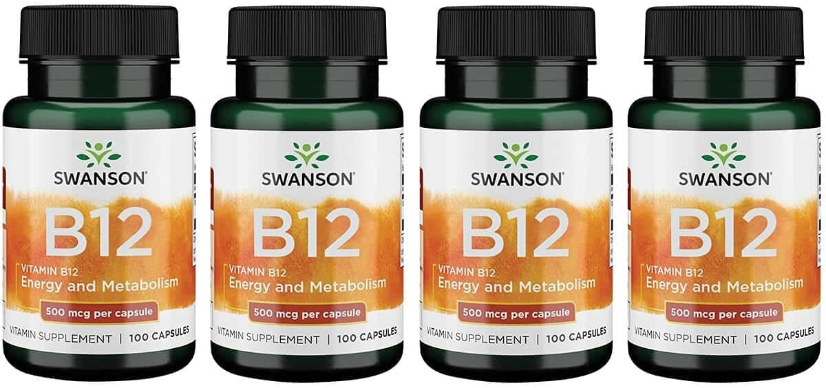 Swanson Vitamin B-12 (Cyanocobalamin) Energy Cardivascular Health Support 500 Mcg 100 Capsules (4 Pack)
