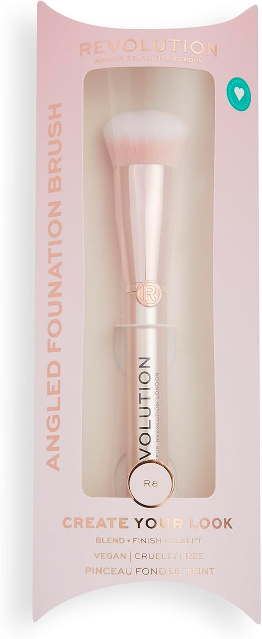 Revolution Create Angled Foundation Brush (R8), Makeup Brush For Blending & Sculpting Liquid Or Cream Foundation On Face & Neck, Vegan & Cruelty-Free