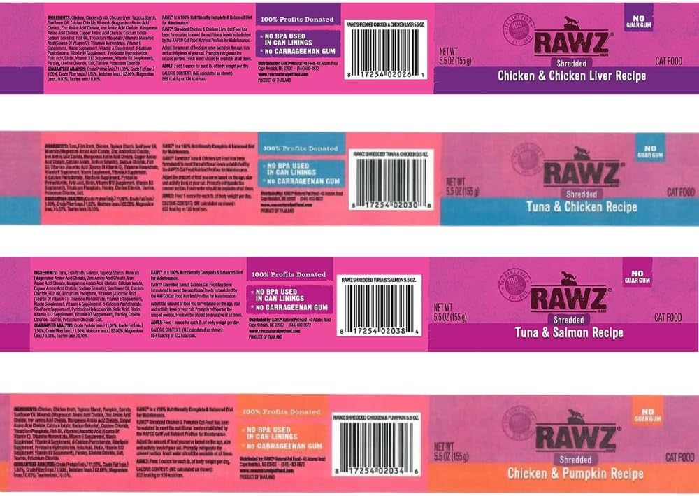 Rawz Natural Premium Canned Cat Wet Food Shredded -12 Pack Cans Variety Bundle -4 Flavors - (Tuna & Salmon, Chicken Liver, Tuna & Chicken, Chicken& Pumpkin) with Hotspot Pets Food Bowl - (5.5 oz Cans) : Pet Supplies