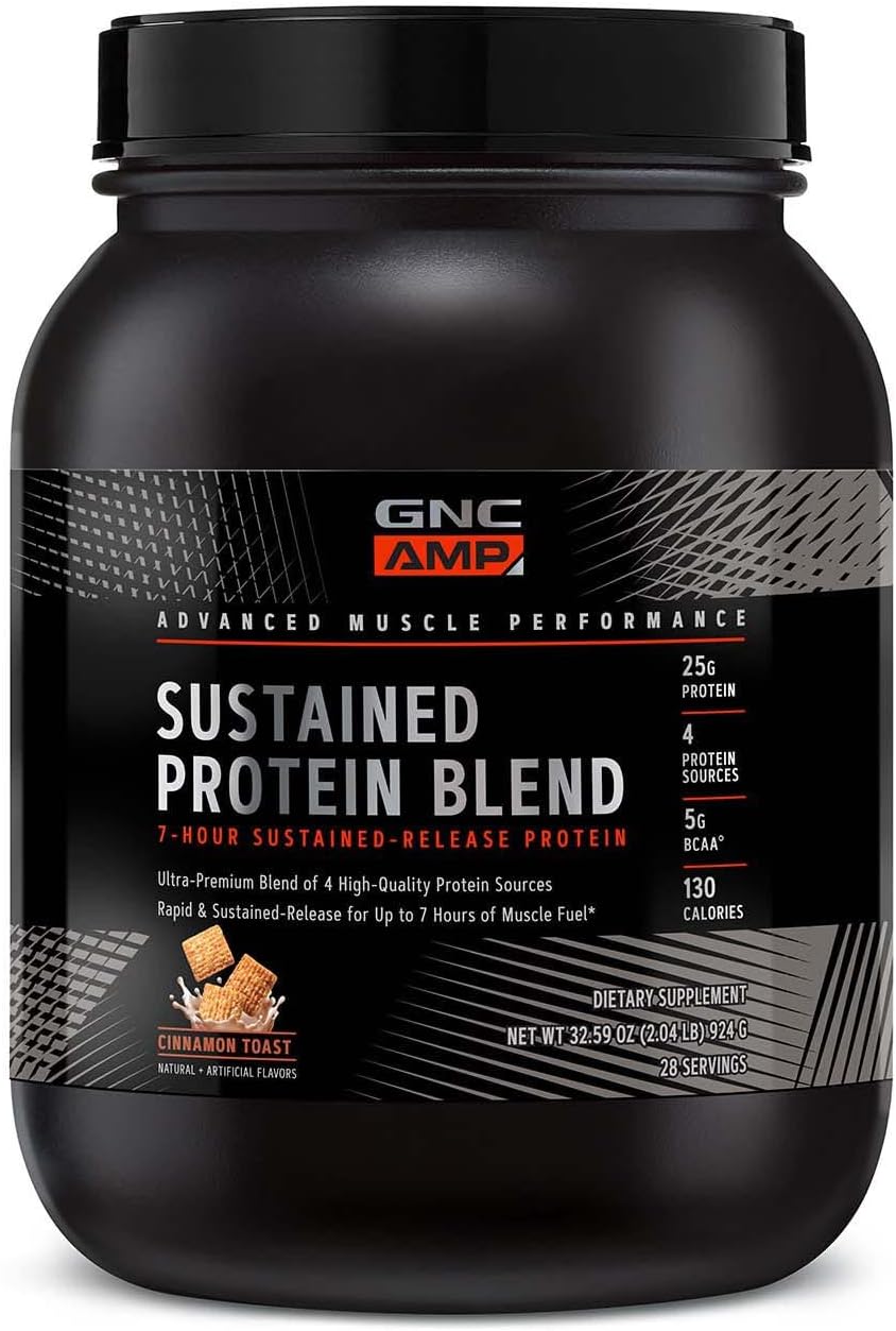 Gnc Amp Sustained Protein Blend | Targeted Muscle Building And Exercise Formula | 4 Protein Sources With Rapid & Sustained Release | Gluten Free | Cinnamon Toast | 28 Servings