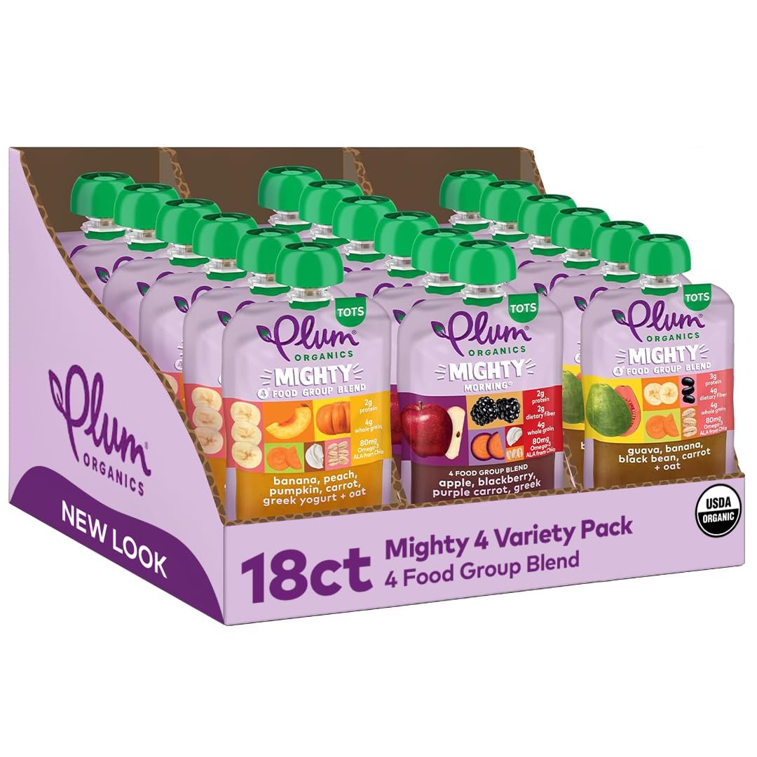 Plum Organics Mighty 4 Organic Toddler Food - 4 Food Group Blend Variety Pack - 4 Oz Pouch (Pack Of 18) - Organic Fruit And Vegetable Toddler Food Pouch