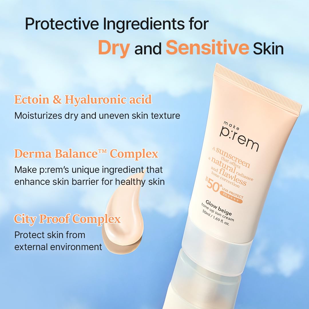Make P:Rem Glow Beige Tone Up Sunscreen, Foundation-Free Mineral Sunscreen, Skin Tone Correction, Lightweight, Korean Skin Care, Spf 50, 1.69 Fl. Oz. 50Ml : Beauty & Personal Care